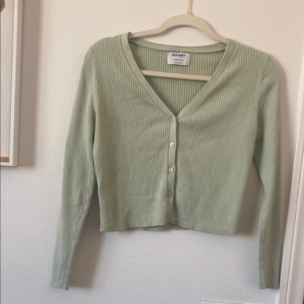 Old Navy Women's Green Ribbed Cropped Cardigan